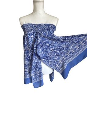 Blue White Boho Vacation Resortwear Smocked Tube Top Handkerchief Hem Small